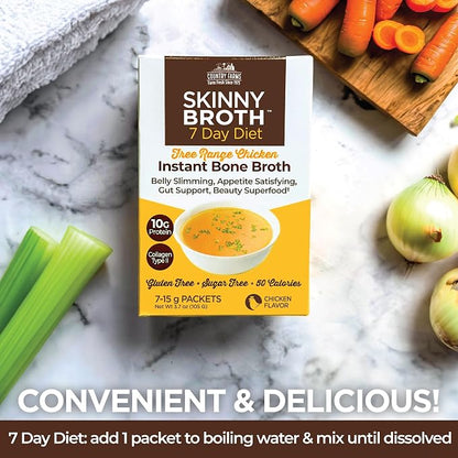 Country Farms Skinny Broth, Instant Chicken Bone Broth, 10G Protein, Collagen Type II, Promotes Better Digestion, Supports Bone Health, 7 Day Plan, 7-15g Packets