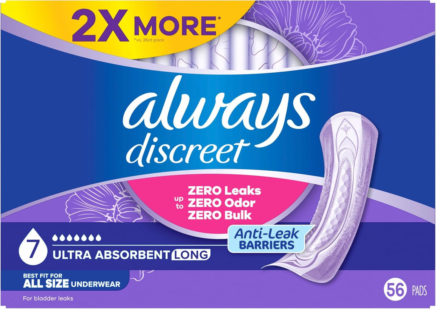 Always Discreet Adult Incontinence Pads for Women, Ultra Absorbency, Long Length, Postpartum Pads, Up to 100% Bladder Leak Protection, 56 Count