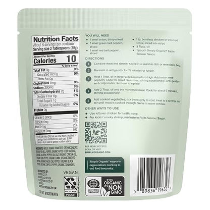 Simply Organic Classic Fajita Simmer Sauce, 8 Ounce Pouch, Great for Beef or Chicken Tacos, Smoky Chili Heat (Pack of 6)