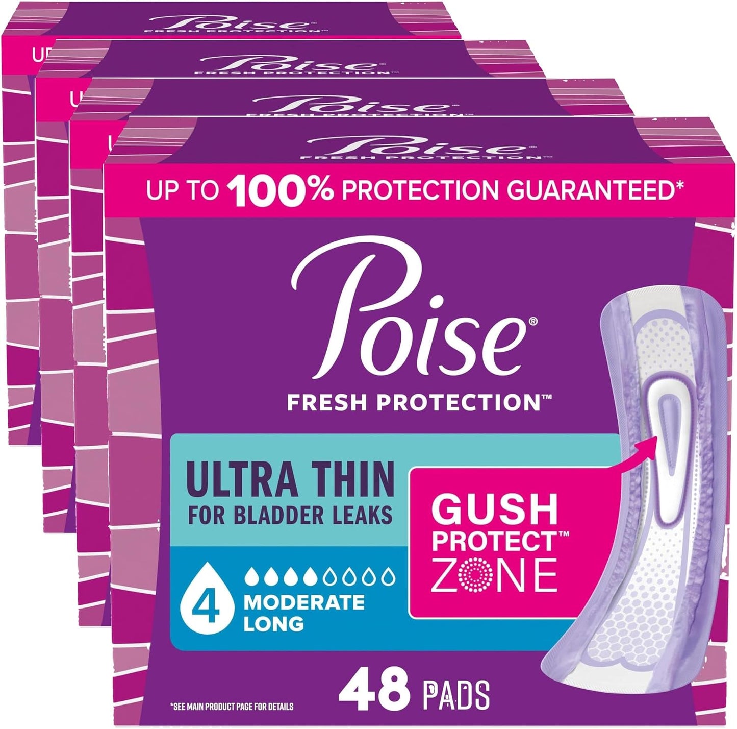 Poise Ultra Thin Incontinence & Postpartum Pads for Bladder Leaks, 4 Drop Moderate Absorbency, Long Length, 48 Count (Packaging May Vary) (Pack of 4) Visit the Poise Store