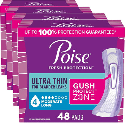 Poise Ultra Thin Incontinence & Postpartum Pads for Bladder Leaks, 4 Drop Moderate Absorbency, Long Length, 48 Count (Packaging May Vary) (Pack of 4) Visit the Poise Store