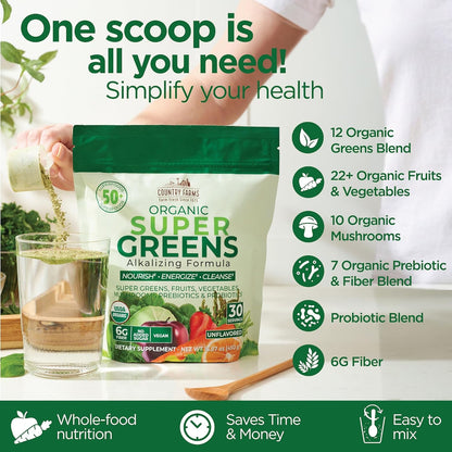 Country Farms Super Greens Natural Flavor, 50 Organic Super Foods, USDA Organic Drink Mix (Wheat Grass, Spirulina, Chlorella) Mushrooms & Probiotics, Fiber, Gut Health, Natural Energy, 30 Servings