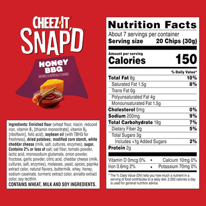Cheez-It Snap'd Cheesy Baked Chips, Thin Crisps, Lunch Snacks, Honey BBQ (6 Bags)