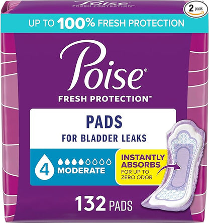 Poise Incontinence & Postpartum Pads for Bladder Leaks, 4 Drop Moderate Absorbency, Regular Length, 132 Count, Packaging May Vary