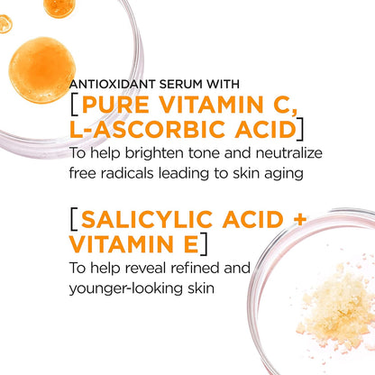 L'Oreal Paris Revitalift 12% Pure Vitamin C Serum, Brightening Serum For Face with Vitamin E, Salicylic Acid, 1 oz + Moisturizer Sample