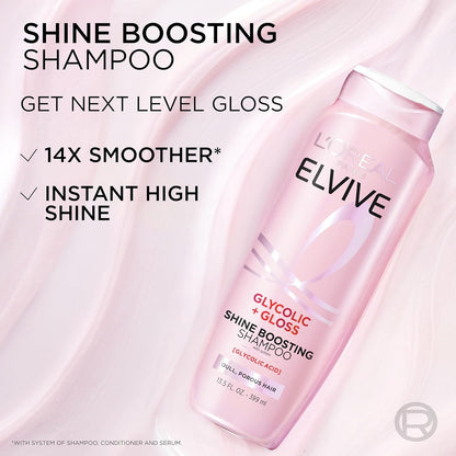 L'Oreal Paris Elvive Glycolic + Gloss Shine Boosting Shampoo and Conditioner Set, Cleanses and Smooths Dull, Porous Hair Into High-Shine, Glossy Hair, 56 Fl Oz Set