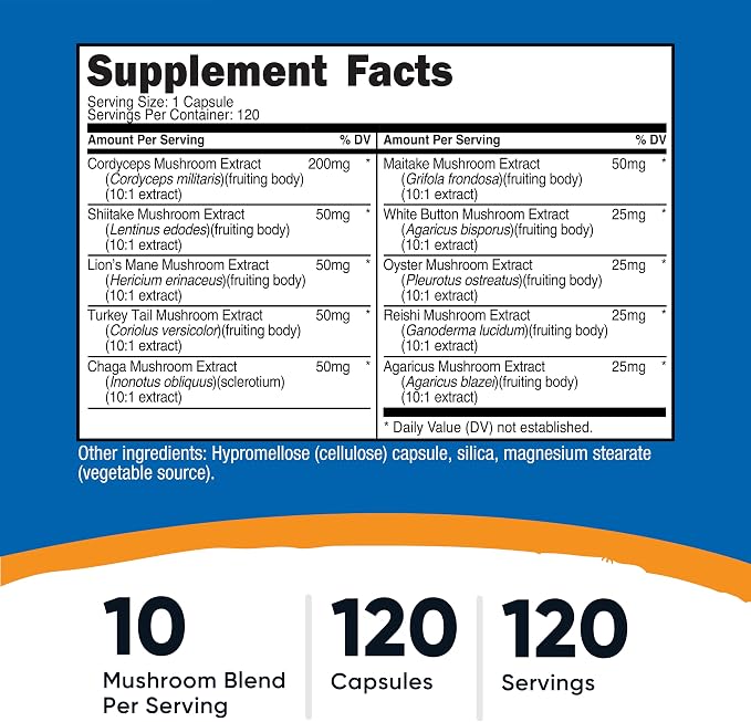 Nutricost Mushroom Complex Supplement 120 Capsules for 120 Servings Per Bottle - 10 Mushroom Blend (Includes Reishi, Maitake, Shiitake, Lion's Mane, and More) - Non-GMO and Gluten Free (Pack of 2)