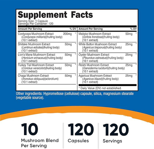 Nutricost Mushroom Complex Supplement 120 Capsules for 120 Servings Per Bottle - 10 Mushroom Blend (Includes Reishi, Maitake, Shiitake, Lion's Mane, and More) - Non-GMO and Gluten Free (Pack of 2)
