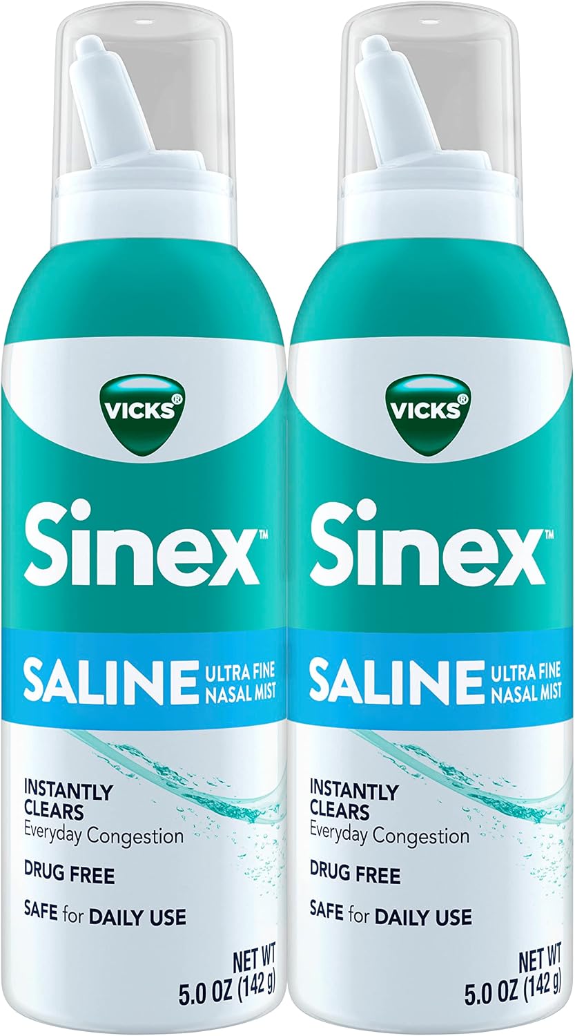 Vicks Sinex SALINE Nasal Spray, Drug Free Ultra Fine Mist, Clear Everyday Sinus Congestion Fast, Clear Mucus from a Cold or Allergy, Daily Use 5.0 fl oz x 2