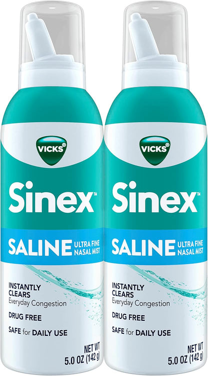 Vicks Sinex SALINE Nasal Spray, Drug Free Ultra Fine Mist, Clear Everyday Sinus Congestion Fast, Clear Mucus from a Cold or Allergy, Daily Use 5.0 fl oz x 2