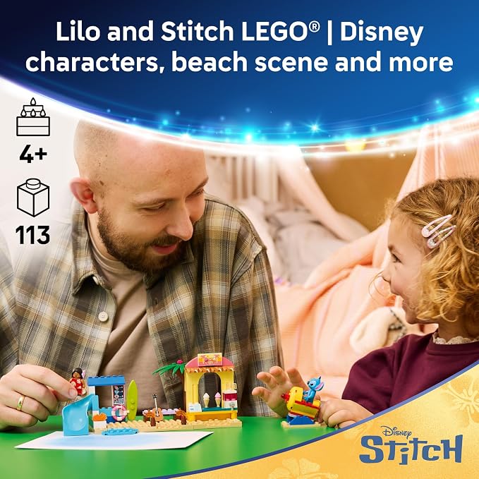 LEGO Disney Beach Fun with Lilo & Stitch 43280 | Building Toys for Girls & Boys, Ages 4+, Develops Fine Motor Skills, 2 Minifigures, 113 pieces, Gift for Birthdays