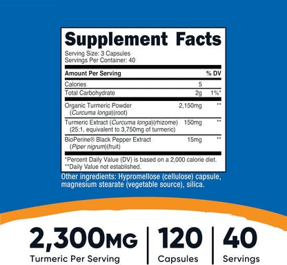 Nutricost Turmeric Curcumin with BioPerine and 95% Curcuminoids, 2300mg, 120 Capsules, Veggie Capsules, 767mg Per Cap, 40 Servings, Gluten Free, GMO-Free (Pack of 2)