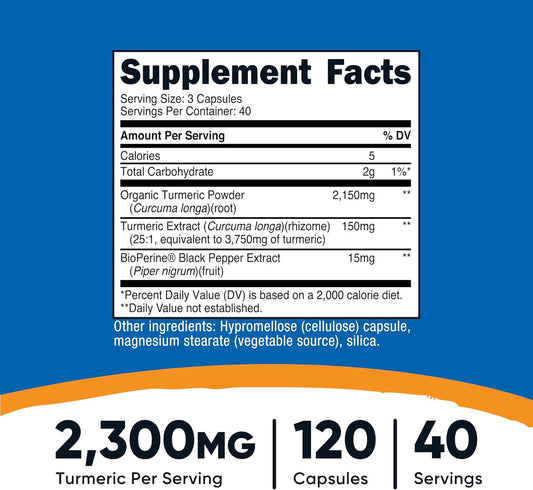 Nutricost Turmeric Curcumin with BioPerine and 95% Curcuminoids, 2300mg, 120 Capsules, Veggie Capsules, 767mg Per Cap, 40 Servings, Gluten Free, GMO-Free (Pack of 2)