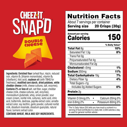 Cheez-It Snap'd Cheese Cracker Chips, Thin Crisps, Lunch Snacks, Double Cheese, 45oz Case (6 Bags)