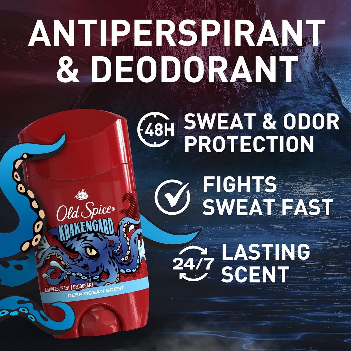 Old Spice Aluminum Free Deodorant for Men, 24/7 Odor Protection, 24/7 Freshness & Lasting Scent, Goes on Clear, Krakengard with Deep Ocean Scent, 2.6 oz