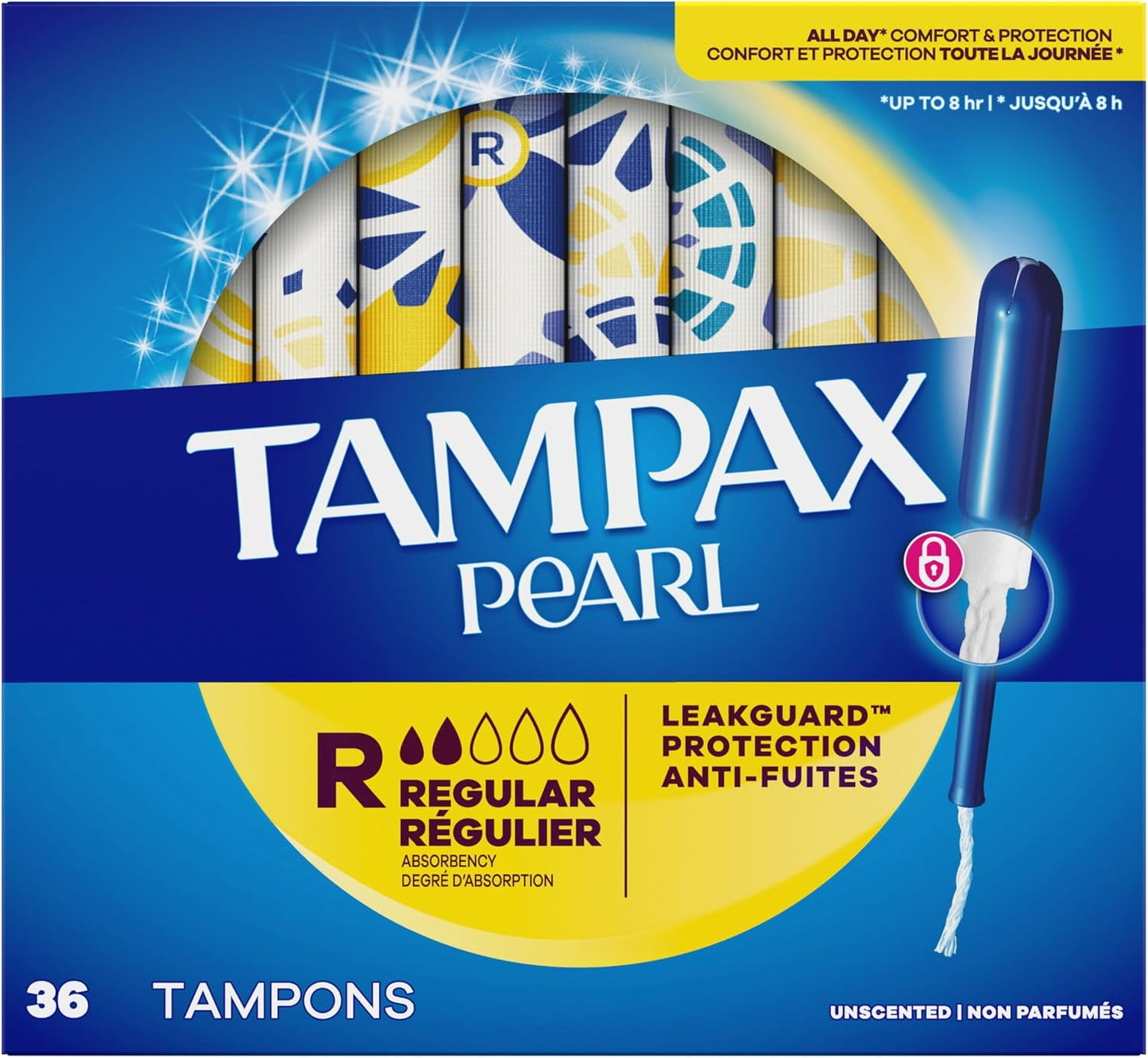 Tampax Pearl Tampons for Women, with LeakGuard Braid, Regular Absorbency, Unscented, 36 Count