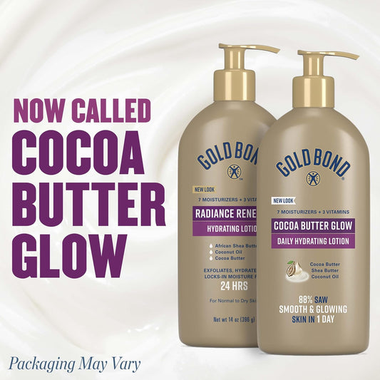 Gold Bond Cocoa Butter Glow Daily Hydrating Lotion for Gifting, 14 Oz | Body lotion with Shea Butter, Cocoa Butter & Coconut Oil, dermatologist-tested, no parabens, phthalates, dyes, 24hr moisture