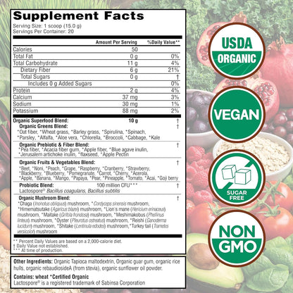 Country Farms Organic Super Greens Powder, Daily Greens Drink Mix with 50 Organic Superfoods, Fruits, Vegetables, Fiber, Mushrooms & Probiotics for Gut Health, Digestion & Energy, Chocolate Flavor