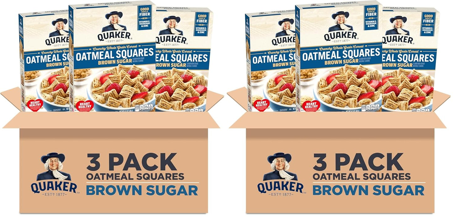 Quaker Oatmeal Squares Breakfast Cereal, Brown Sugar, 14.5oz Boxes, (Pack of 6)