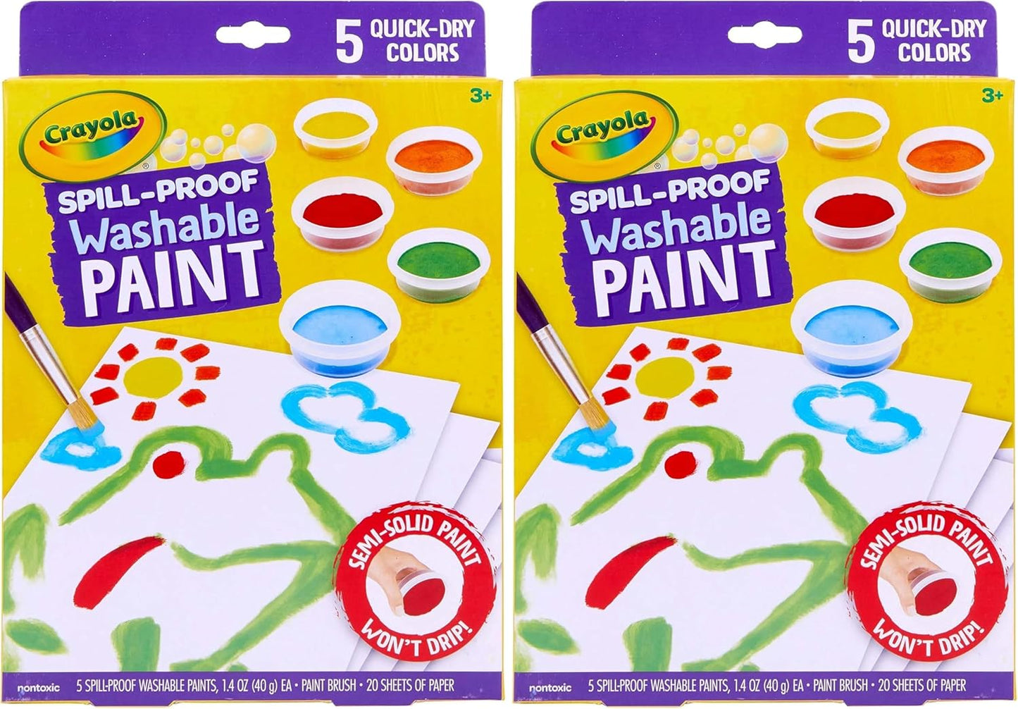 Crayola Spill Proof-Paint Set - Washable Paint for Kids, Includes Paint Brush & Paper, No Drip, Less Mess Arts & Crafts, Toddler Gift, Ages 3+ (Pack of 2)