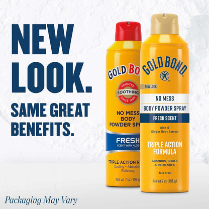 Gold Bond No Mess Talc-Free Body Powder Spray, 7 oz., Fresh Scent, with a Triple Action Formula | Dusting powder talc free with aloe & ginger root extract, 360-degree valve, Triple Action Formula- refreshes, cools & absorbs
