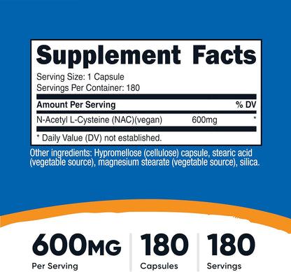 Nutricost N-Acetyl L-Cysteine (NAC) 600mg, 180 Capsules - Non-GMO, Gluten Free (Pack of 2)