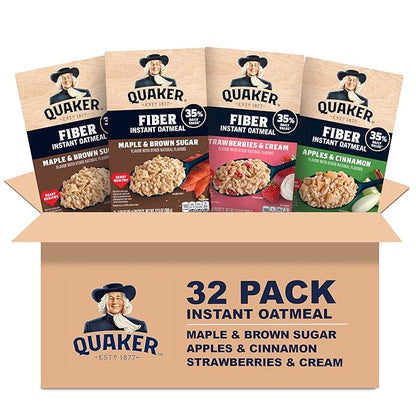 Quaker Instant Oatmeal, Fiber Boost, 3 Flavor Variety pack, 32 Count