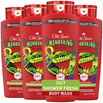 Old Spice Cleansing Body Wash for Men, 3X Defense, 24/7 Shower Fresh with Lasting Scent, 2-in-1 Body & Face Wash, MambaKing with Rich Plum Scent, 24 oz (Pack of 4)