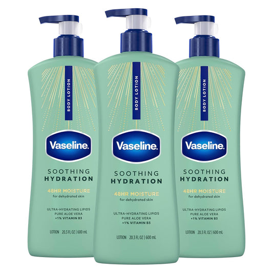 Vaseline Intensive Care Body Lotion for Dry Skin Soothing Hydration Lotion Made with Ultra-Hydrating Lipids + 1% Aloe Vera Extract to Refresh Dehydrated Skin 20.3 oz, Pack of 3 (packaging May Vary)