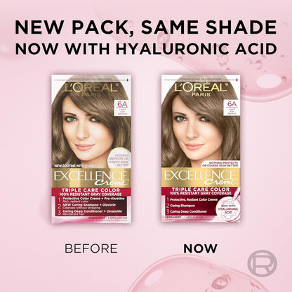 L'Oreal Paris Excellence Crème Permanent Hair Dye, Triple Care Hair Color with Hyaluronic Acid for 100% Gray Coverage, 6A Light Ash Brown, 1 Kit (Packaging May Vary)