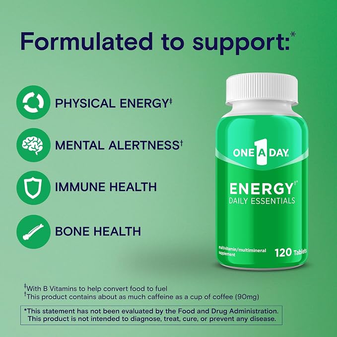A Day Energy Daily Essentials Multivitamin, Energy Supplement to Support Mental Alertness and Immune Health with Vitamins A C, D, E, Zinc and Caffeine, 120 Count (Pack of 2)