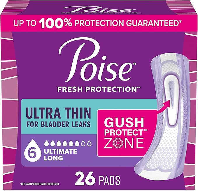 Poise Ultra Thin Incontinence & Postpartum Pads for Bladder Leaks, 6 Drop Ultimate Absorbency, Long Length, 26 Count (Packaging May Vary)