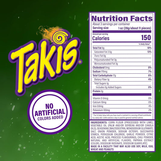Takis Jalapeno 3.25 oz Snack Size Bag, Pickled Jalapeno Flavored Rolled Tortilla Chips (Pack of 4)