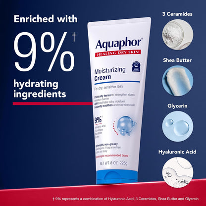 Aquaphor Moisturizing Face and Body Cream with Hyaluronic Acid, 8 OZ