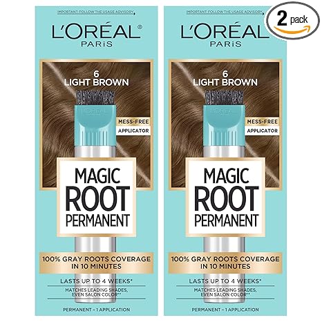 L'Oreal Paris Magic Root Permanent Hair Color Kit, 100% Gray Hair Coverage In Just 10 Minutes, Precision Brush Applicator for Seamless Application, 6 Light Brown (2 Count)