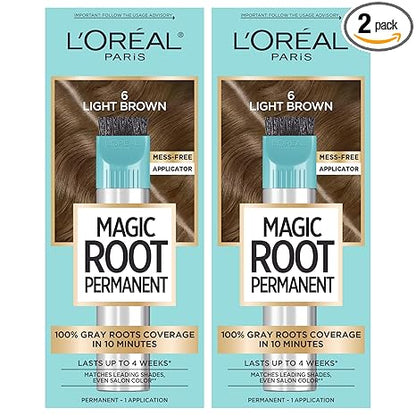 L'Oreal Paris Magic Root Permanent Hair Color Kit, 100% Gray Hair Coverage In Just 10 Minutes, Precision Brush Applicator for Seamless Application, 6 Light Brown (2 Count)