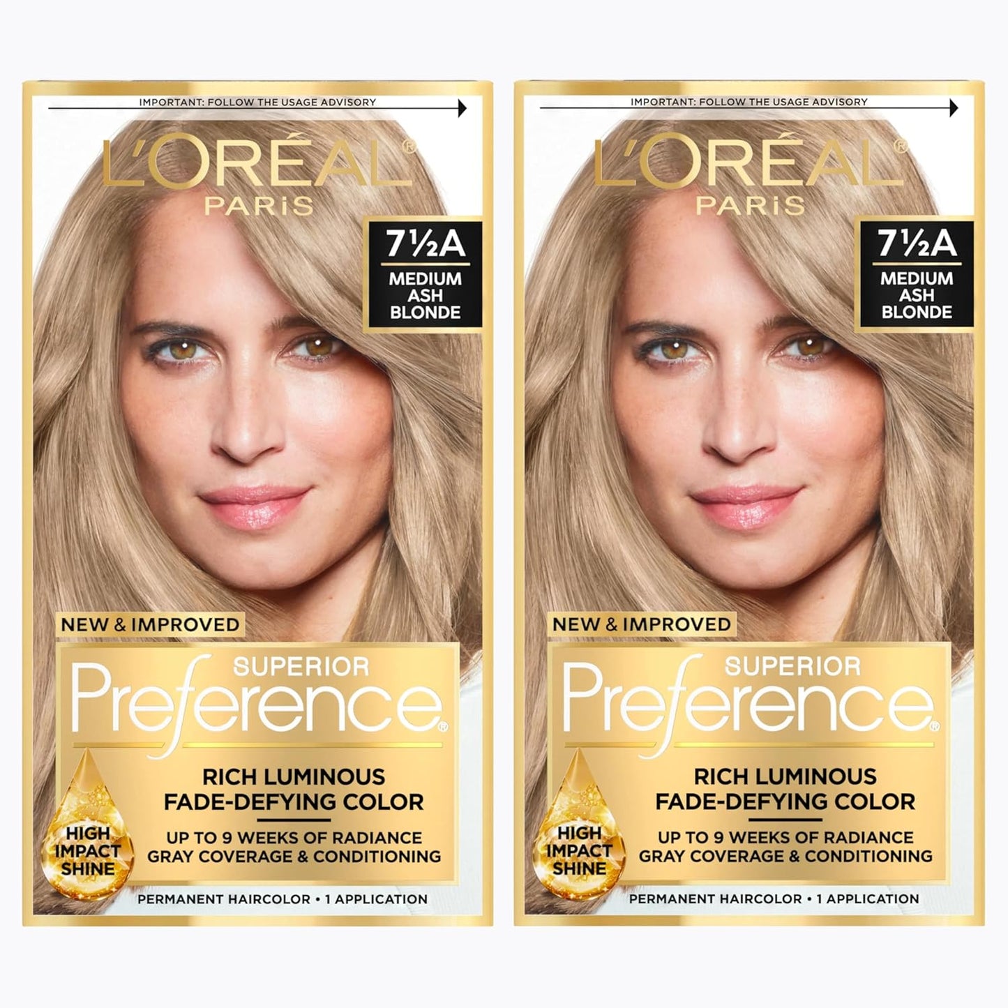 L'Oreal Paris Superior Preference Luminous Fade-Defying Permanent Hair Color, Hair Dye For Up to 9 Weeks of Radiance, Medium Ash Blonde 7.5A, 1 Hair Dye Kit (Pack of 2)