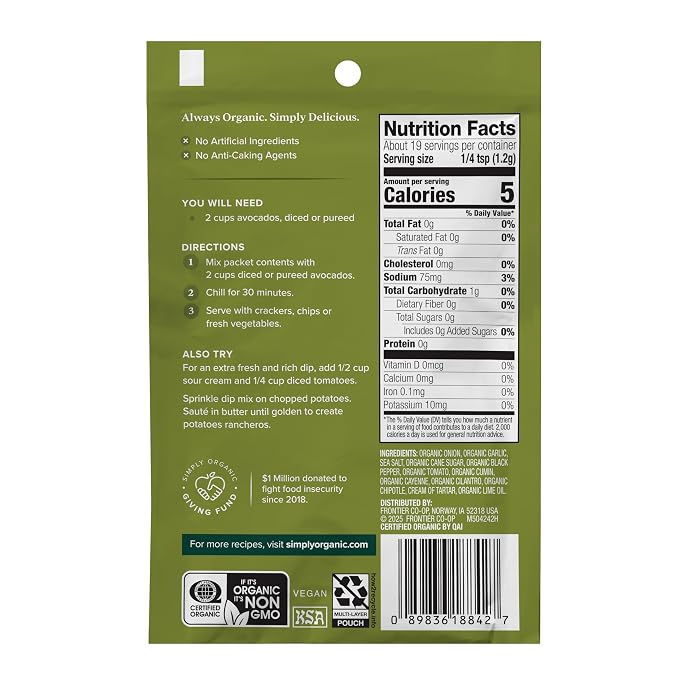 Simply Organic Guacamole Sauce Mix, 4 Ounce Pouch, Just Add Avocados for Zesty, Robust and Creamy Guacamole (Pack of 6)