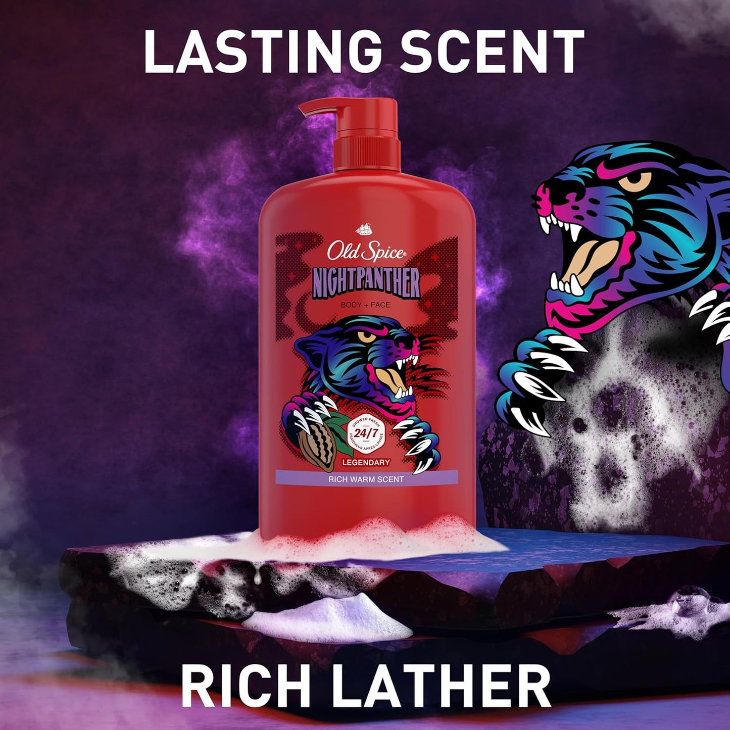 Old Spice Cleansing Body Wash for Men,3X Defense,24/7 Shower Fresh with Lasting Scent,2-in-1 Body & Face Wash,NightPanther with Rich Warm Scent,33.4 oz,(Pack of 4)