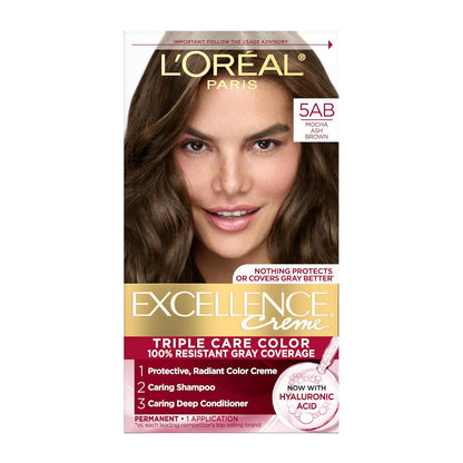 L'Oreal Paris Excellence Crème Permanent Hair Dye, Triple Care Hair Color with Hyaluronic Acid for 100% Gray Coverage, 5AB Mocha Ash Brown, 1 Kit (Packaging May Vary)