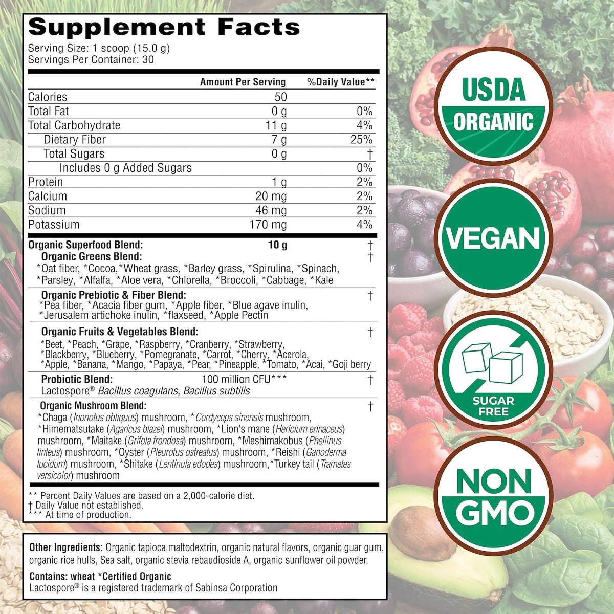 Country Farms Super Greens Chocolate Flavor, 50 Organic Super Foods, USDA Organic Drink Mix (Wheat Grass, Spirulina, Chlorella) Mushrooms & Probiotics, with Fiber, Natural Energy, 30 Servings