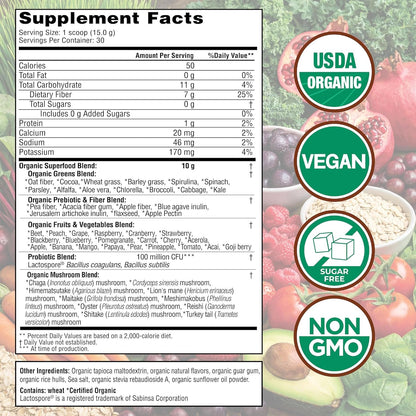 Country Farms Super Greens Chocolate Flavor, 50 Organic Super Foods, USDA Organic Drink Mix (Wheat Grass, Spirulina, Chlorella) Mushrooms & Probiotics, with Fiber, Natural Energy, 30 Servings