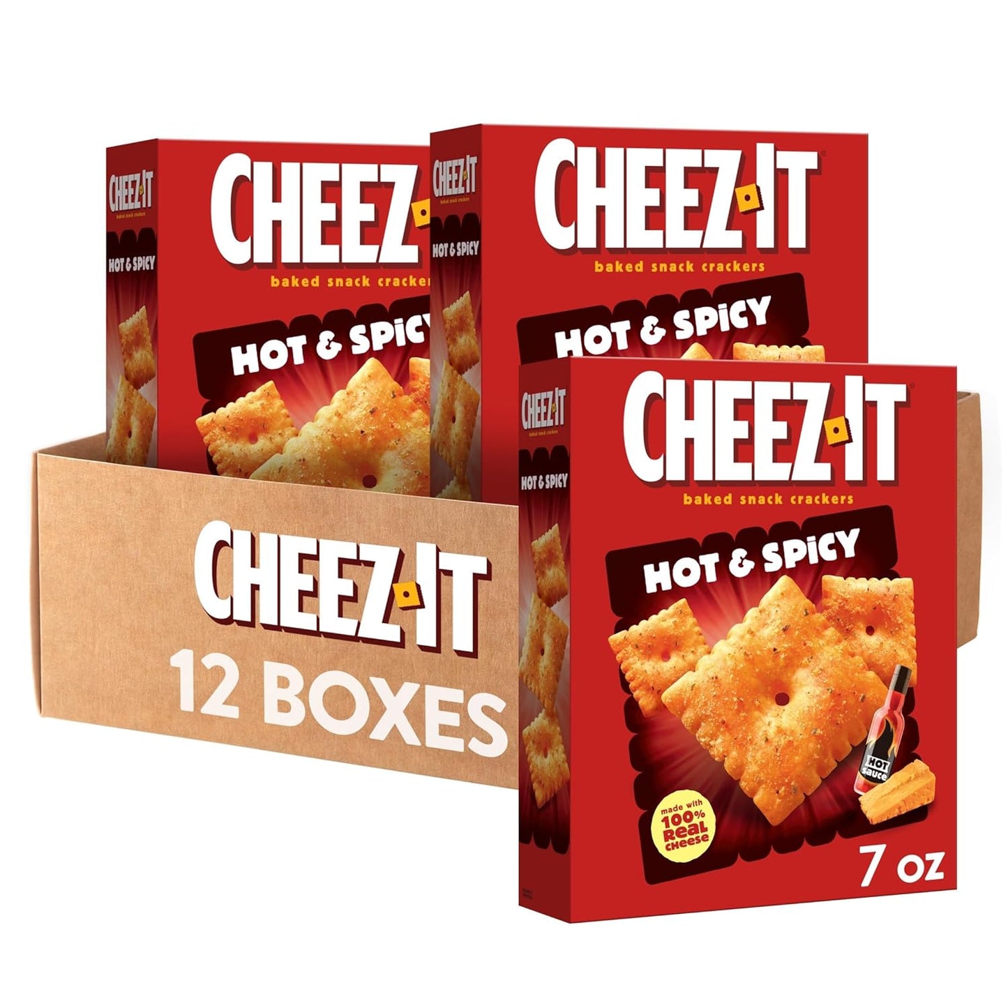 Cheez-It Cheese Crackers, Baked Snack Crackers, Office and Kids Snacks, Hot and Spicy, 5.25lb Case (12 Boxes)