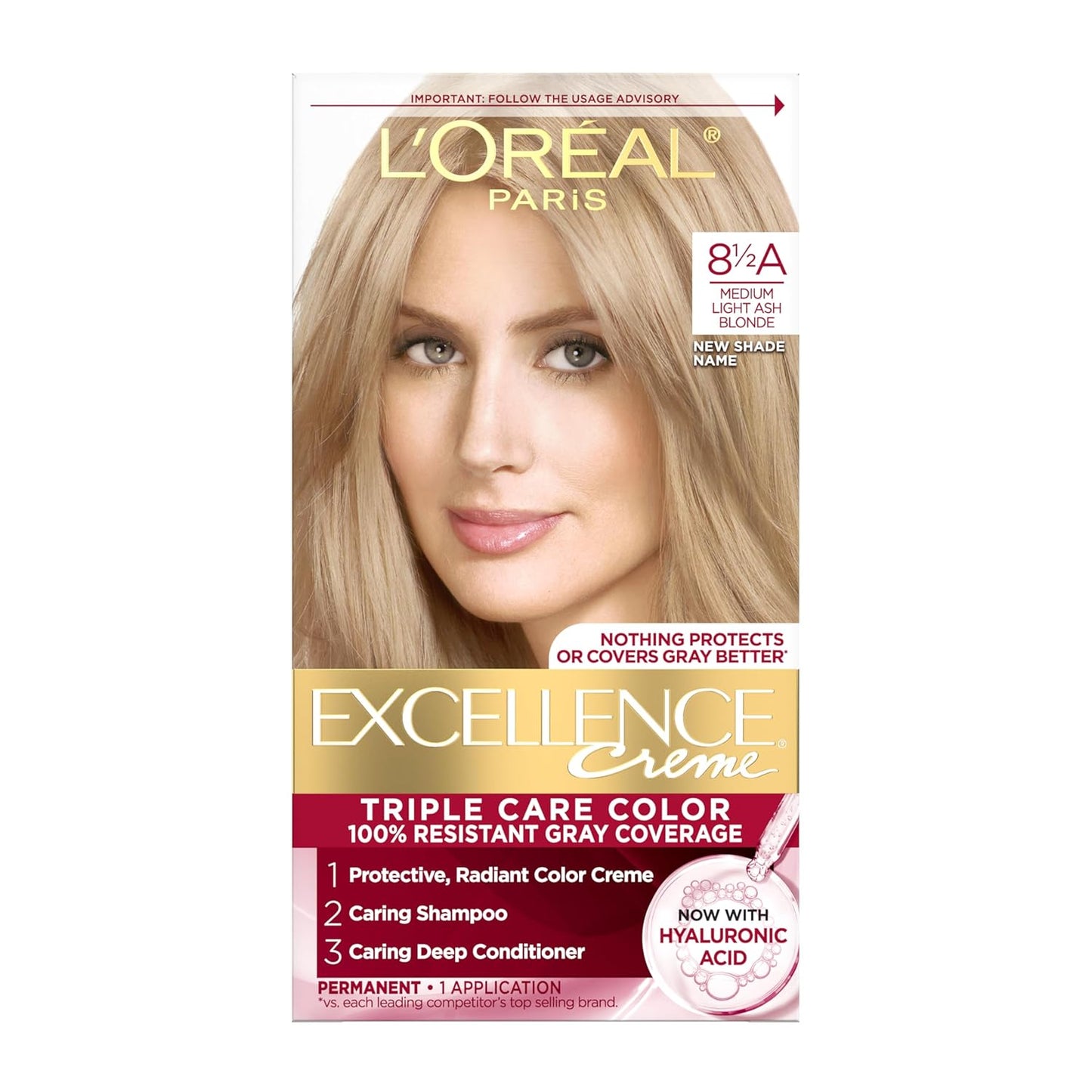 L'Oreal Paris Excellence Crème Permanent Hair Dye, Triple Care Hair Color with Hyaluronic Acid for 100% Gray Coverage, 8.5A Medium Light Ash Blonde, 1 Kit (Packaging May Vary)