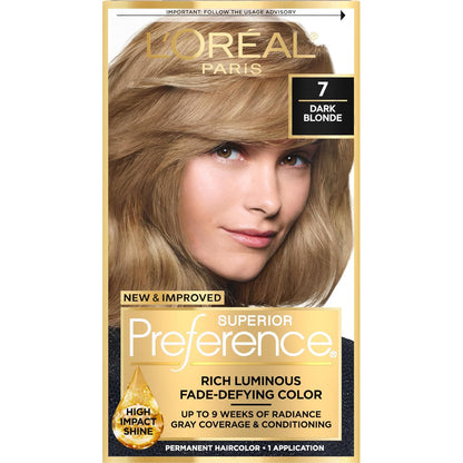 L'Oreal Paris Superior Preference Luminous Fade-Defying Permanent Hair Color, Hair Dye For Up to 9 Weeks of Radiance, Dark Blonde 7, 1 Hair Dye Kit