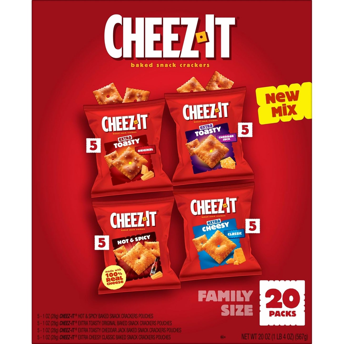 Cheez-It Variety Pack Baked Snack Crackers, Lunch Snacks (20 Packs)