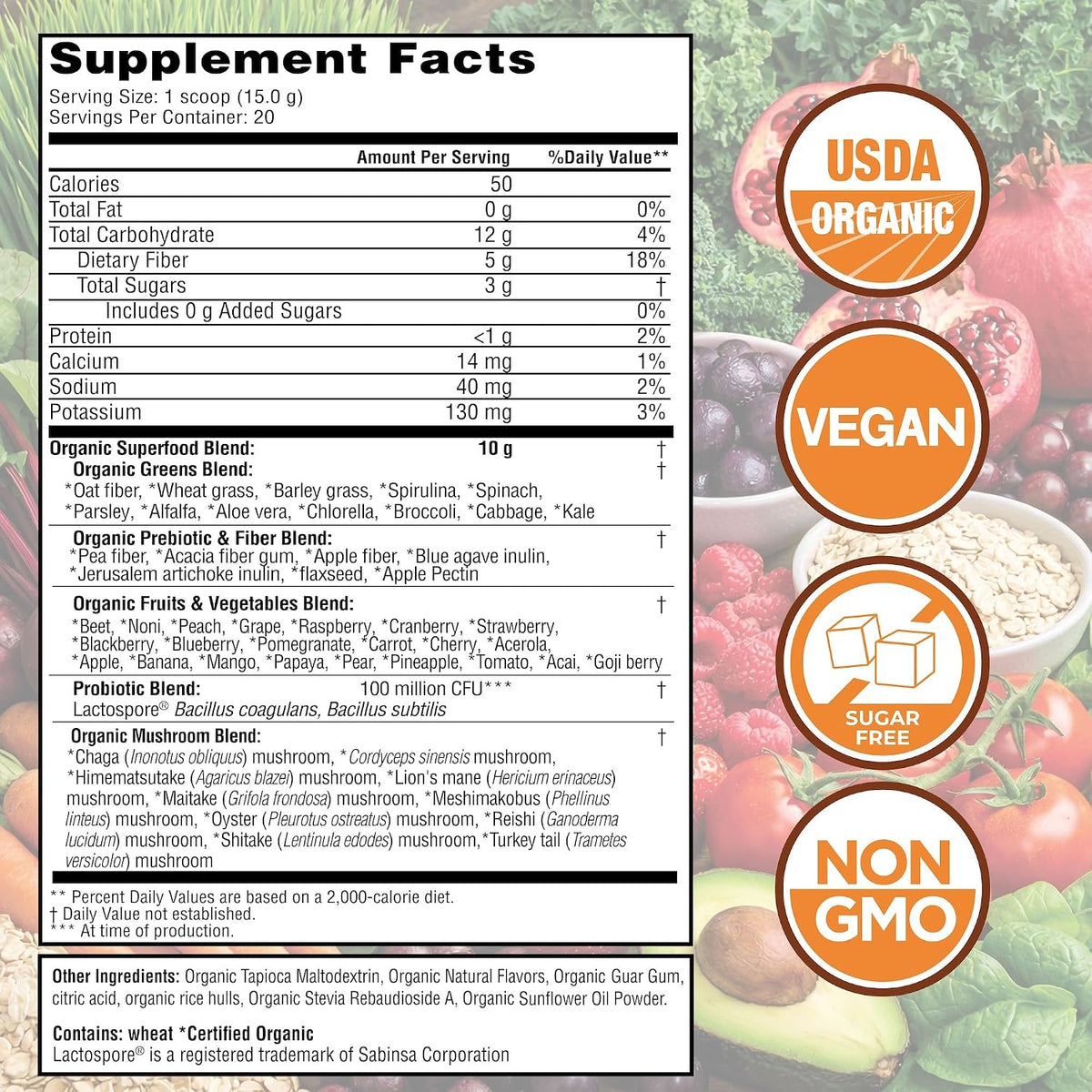 Country Farms Organic Super Greens Powder, 50 Organic Superfoods, Greens Drink with Fruits, Vegetables, Fiber, Probiotics & Mushrooms, Supports Energy, Gut Health & Digestion, Pineapple Mango Flavor
