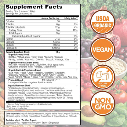 Country Farms Organic Super Greens Powder, 50 Organic Superfoods, Greens Drink with Fruits, Vegetables, Fiber, Probiotics & Mushrooms, Supports Energy, Gut Health & Digestion, Pineapple Mango Flavor