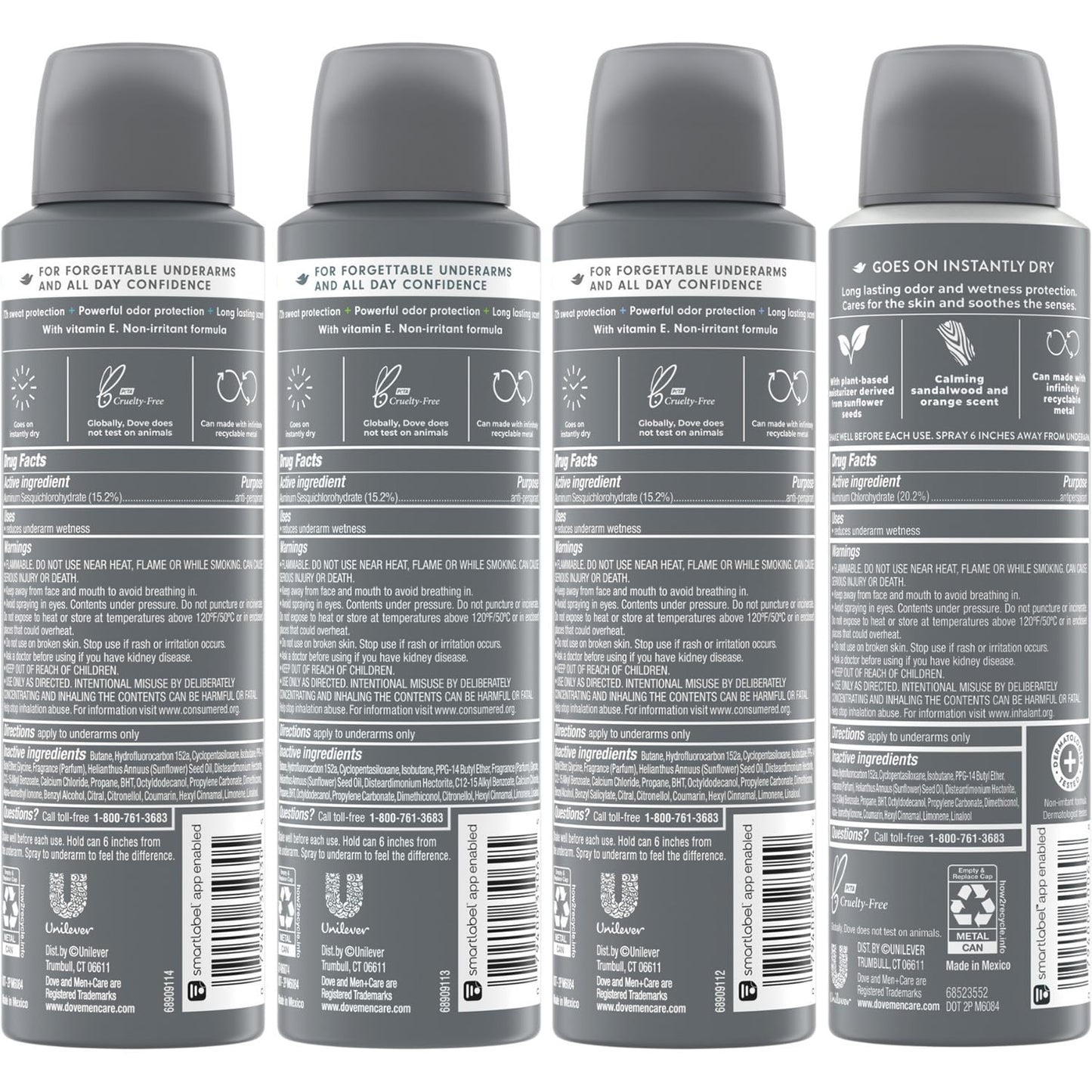 Dove Men+Care Dry Spray Antiperspirant Variety 4-Pack – Scented, Non-Irritating with Vitamin E, 72H Sweat & Odor Protection, 3.8 Oz Ea