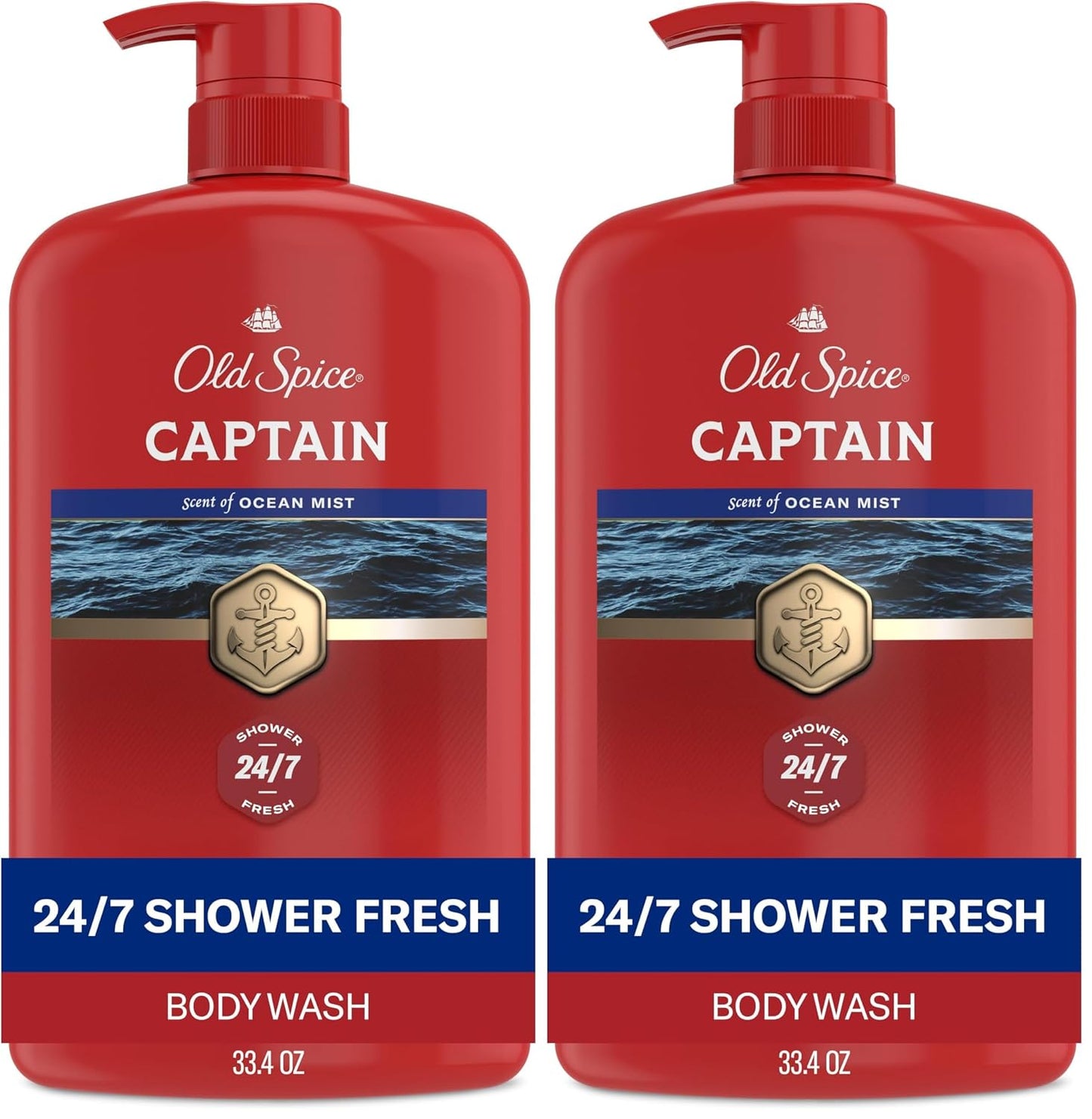 Old Spice Refreshing Body Wash for Men, 3X Defense, 24/7 Shower Fresh with Long Lasting Scent, Red Collection, Captain with Bergamot Scent, 33.4 oz,(Pack of 2)